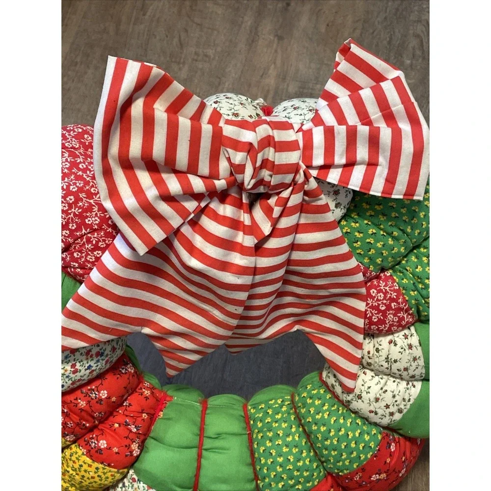 VTG Handmade Christmas Wreath & Tree Holiday Print Cottage Core Quilted Stuffed